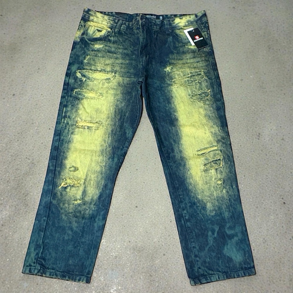 South Pole Slim Straight Jeans Men 38 X 30 Distressed Acid Wash NEW